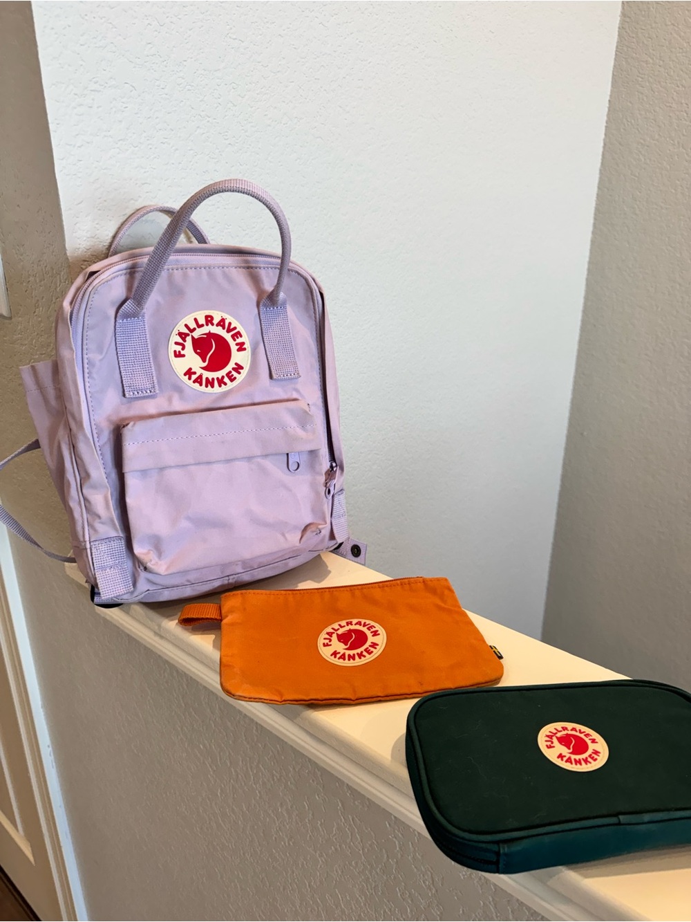 Fjallraven Kanken Lilac Backpack with Orange Pouch and Green Wallet - Picture 2 of 10